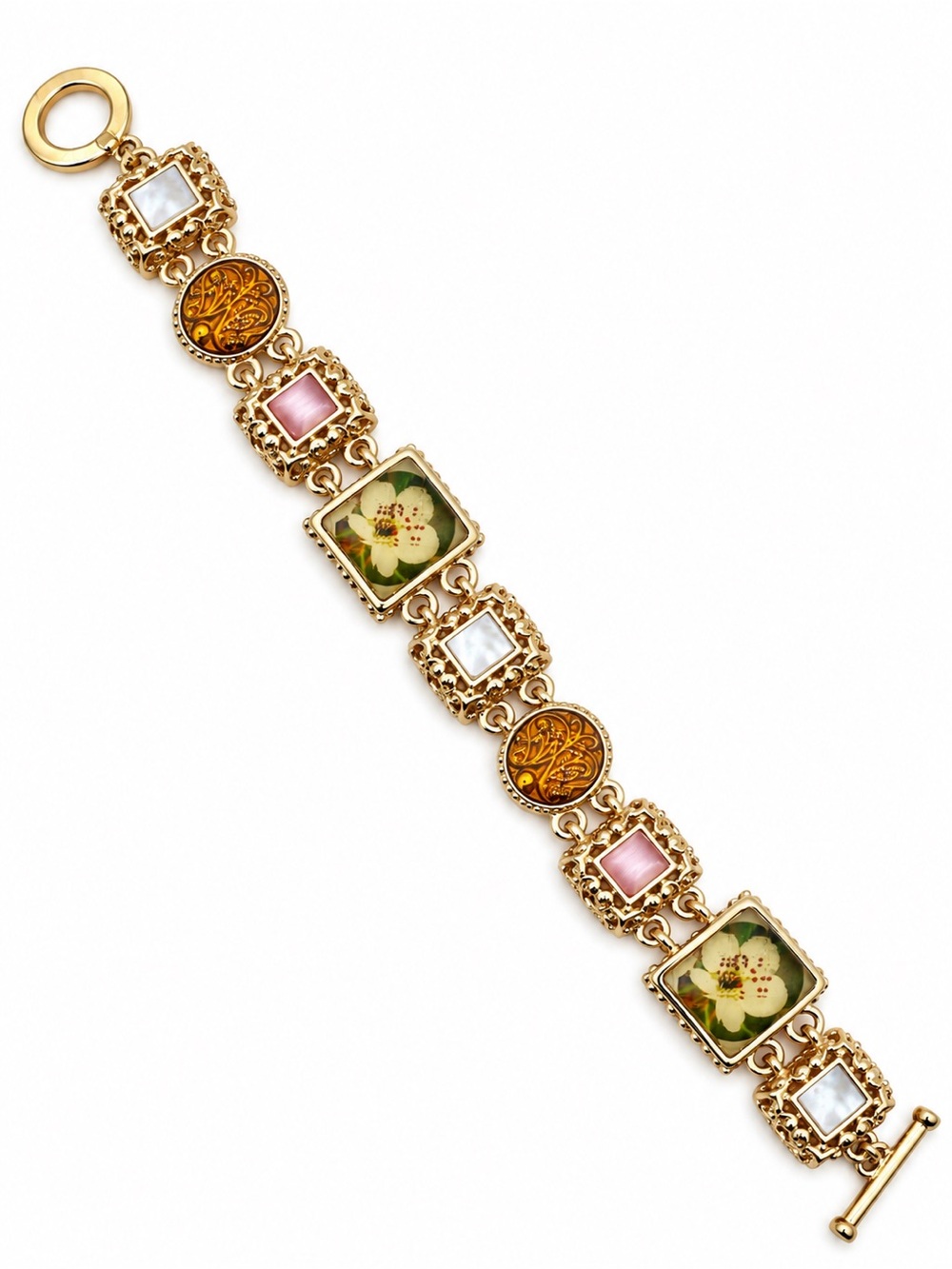 Gold Tone Floral Statement Bracelet Mother of Pearl Look Pink Cabochon 8”